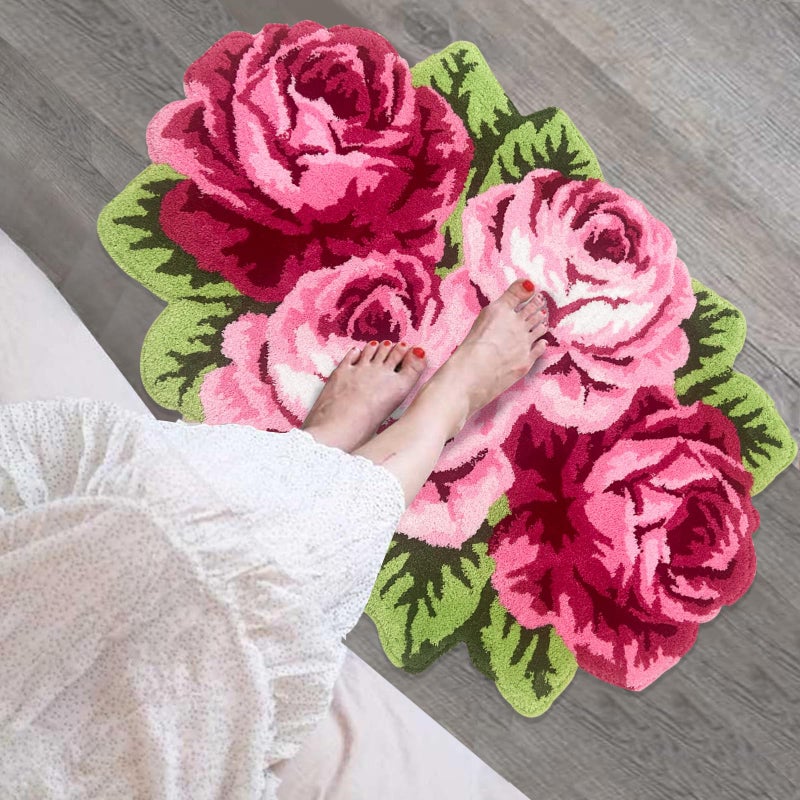 USTIDE Pink Flower Rug, Non Slip Washable Bathroom Mat, Vintage Pink Bath Mat, Bath Rug Set, Area Rug with Rose for Living Room Bedroom Girls Room Kitchen (2FTx3.6FT) - Image 2